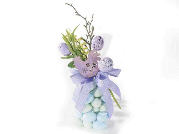 Buchet de ouă colorate cu decor de Paște din lemn