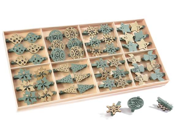 48 de cuie de haine din lemn colorat și sclipici auriu