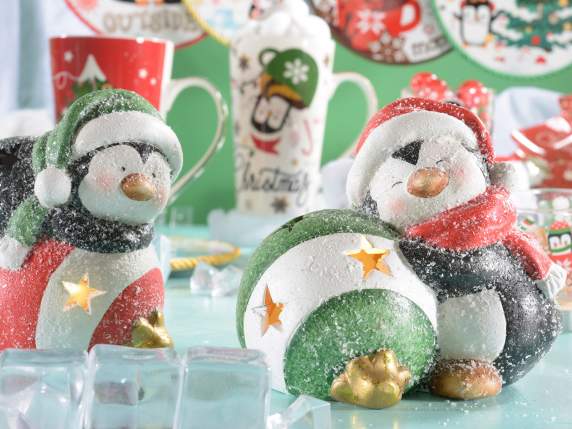Pinguin ceramic pe minge de Crăciun cu lumină LED