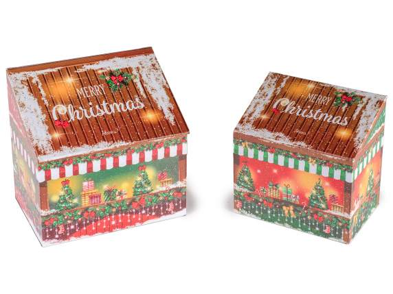 Set 2 cutii din lemn de Craciun in forma de casa