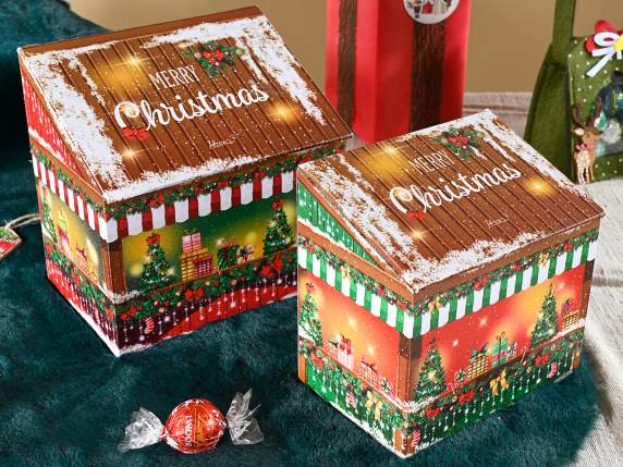 Set 2 cutii din lemn de Craciun in forma de casa