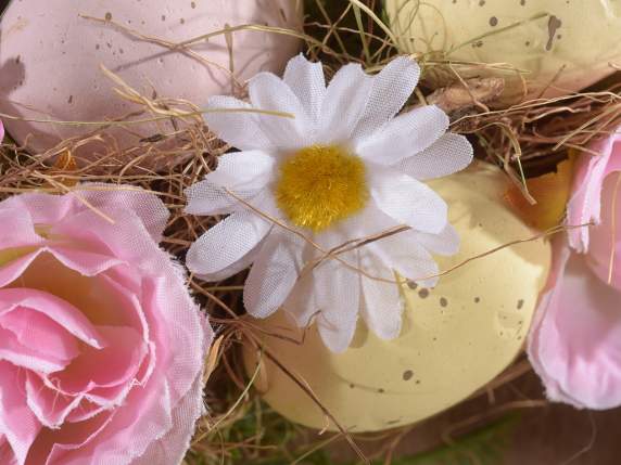 Ghirlanda cu ouă colorate, flori de țesătură și fundă pentru