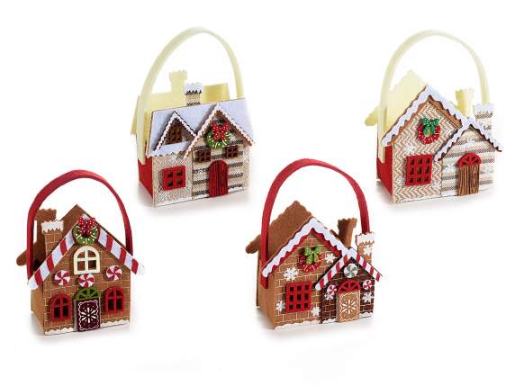 Geanta in forma de casa din stofa colorata cu decoratiuni