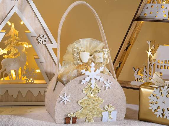 Geantă de Crăciun din pânză cu decorațiuni aurii din paiete
