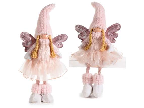 Înger din stofă cu rochie din tul și aripi cu sclipici roz