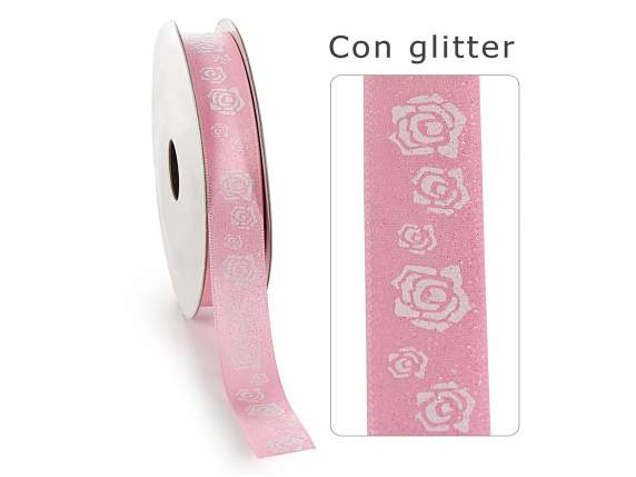 Panglică de satin roz de 16 mm cu trandafiri sclipici