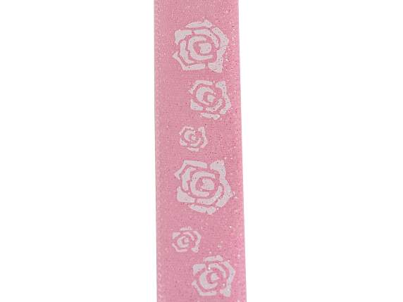 Panglică de satin roz de 16 mm cu trandafiri sclipici