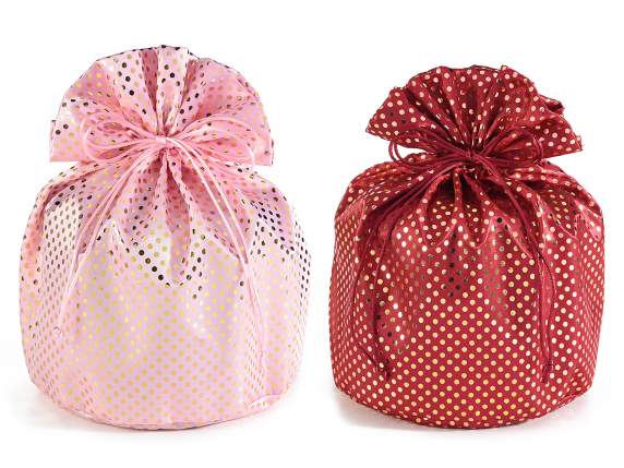 Geanta panettone din satin cu efect lurex si buline aurii