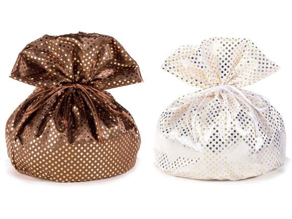 Geanta panettone din satin cu efect lurex si buline aurii