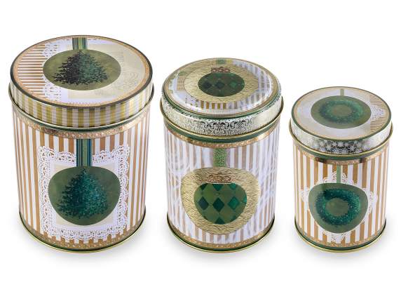 Set 3 cutii metalice cilindrice cu imprimeu metalic