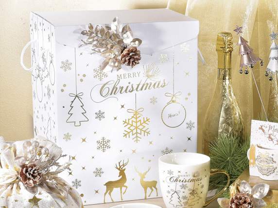 Cutie de carton cu imprimeuri și mânere de Crăciun aurii