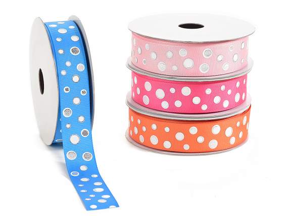 Panglică grosgrain de 22 mm cu buline argintii și albe