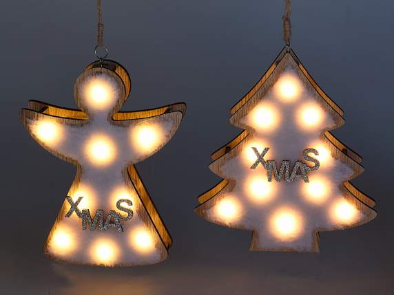 Decor de Craciun din lemn-blana artificiala cu LED de agatat