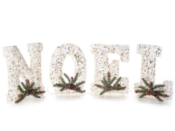 Inscripție NOEL din ratan alb cu lumini LED și pin decorativ