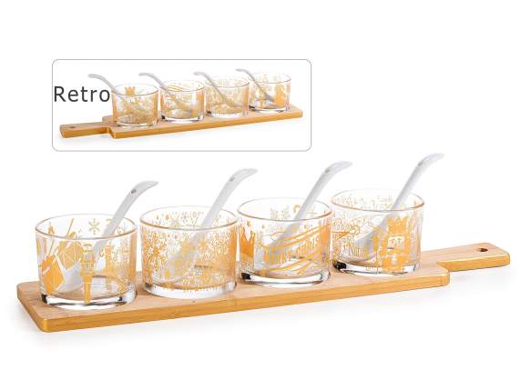 Aperitif set 4 glass bowls with teaspoon on tray