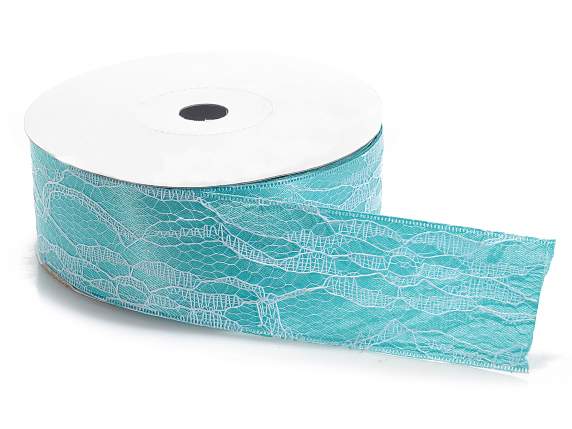 Aquamarine satin ribbon with white lace