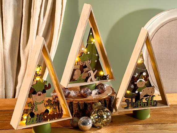 Árbol de madera con renos y luces LED para colocar de pie