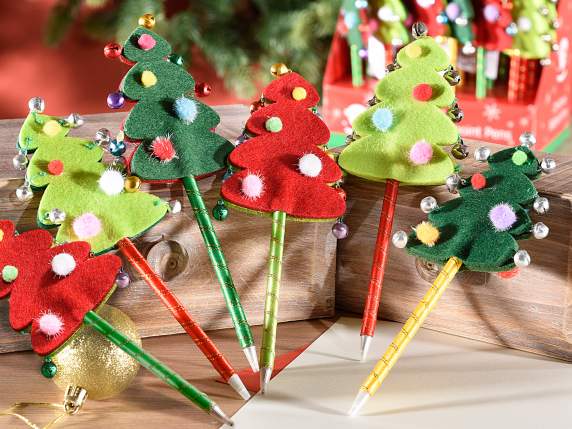 Stylo à bille sapin de Noël en tissu avec cloches exposées