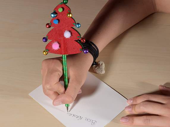 Stylo à bille en tissu motif sapin de Noël avec clochettes
