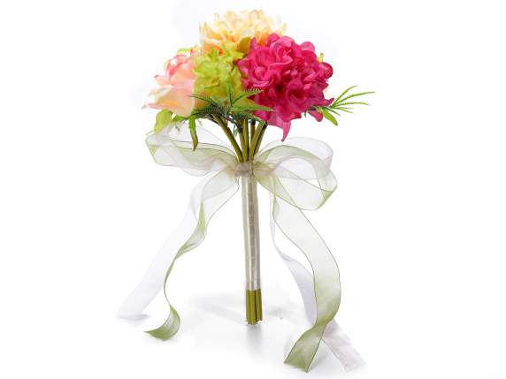 Artificial bouquet tied with satin and organdie ribbons