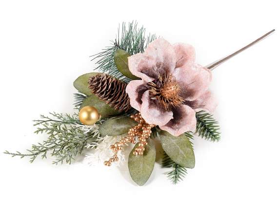 Fabric artificial anemone with pine cone and golden berries