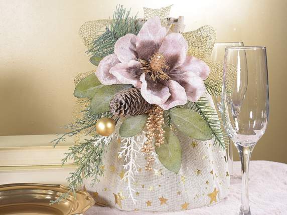 Fabric artificial anemone with pine cone and golden berries