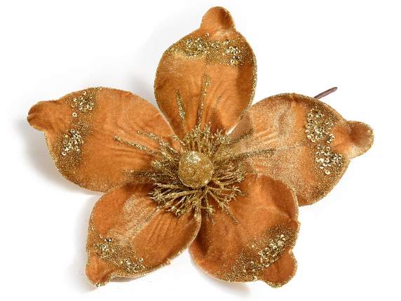 Flower in velvet effect fabric with gold glitter