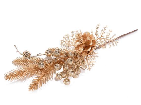 Artificial golden sprig with glitter berries and pine cone