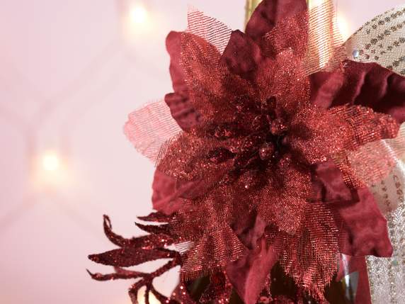 Fabric artificial poinsettia with glitter berries