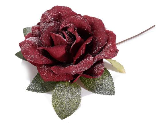 Burgundy artificial rose in frosted effect fabric