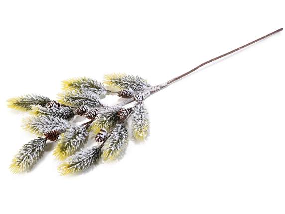 Artificial snow covered pine branch moldable with pine cones