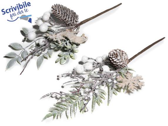 Artificial snow-covered sprig with pine cone, berries and wo