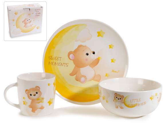 Assiette, tasse et bol en porcelaine avec ours c/boîte cadea