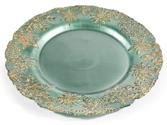 Assiette ronde en verre alimentaire vert avec reliefs dorés