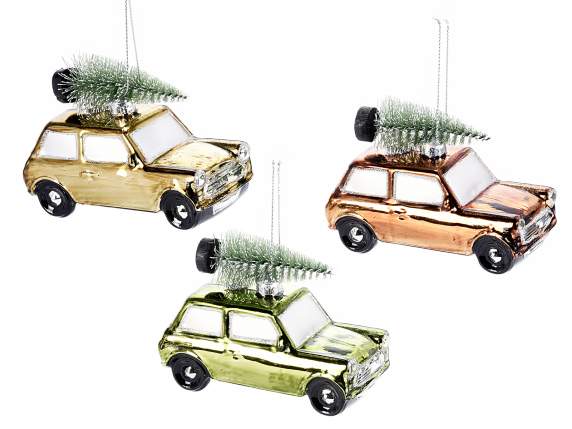 Auto c/albero Natale su tetto in vetro colorato da appendere