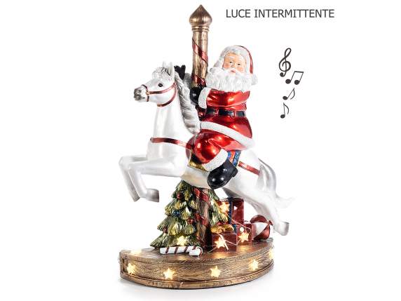 Carillon Babbo Natale in resina su cavallo con luci e musica