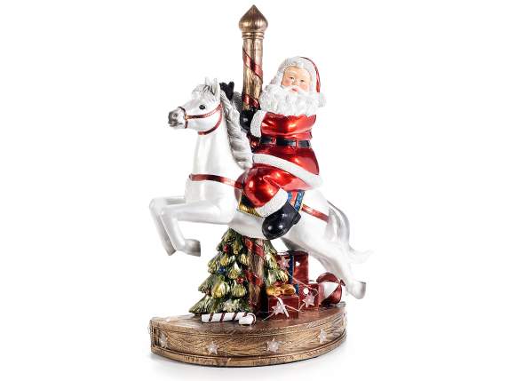 Carillon Babbo Natale in resina su cavallo con luci e musica