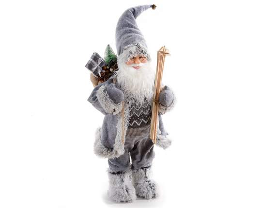 Babbo Natale c/abito grigio panno e eco-fur,doni e sci