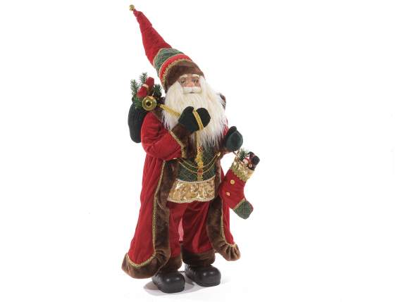 Babbo Natale con cappotto effetto velluto e calza porta doni