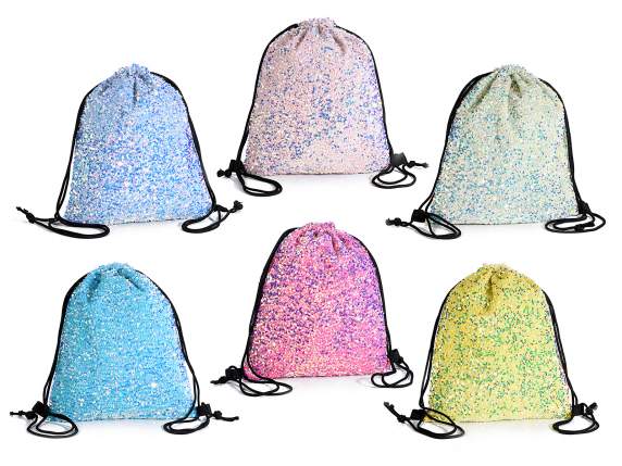Backpack bag in fabric with sequins and tie closure