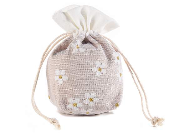 Bag in ecru fabric and tulle with gold pistil flower