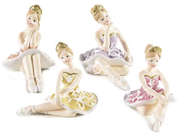 Ballerina decorativa seduta in resina colorata c/coroncina