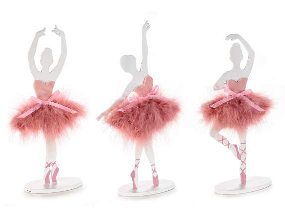 Ballerina in legno bianco c/abito eco-fur rosa e fiocco