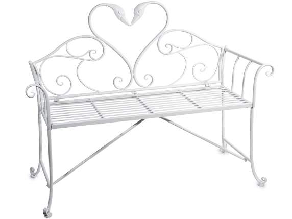 Banco de metal blanco con respaldo en forma de cisne