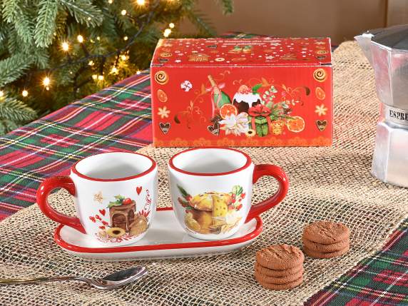 Juego de 2 tazas navideñas de cerámica de 90 ml con platillo