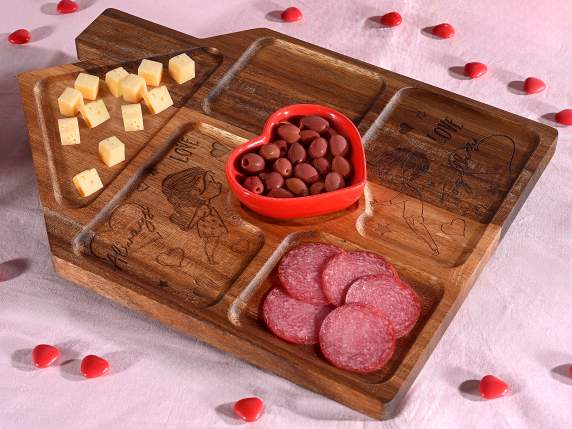 Bandeja madera 5 compartimentos taza de cerámica corazón