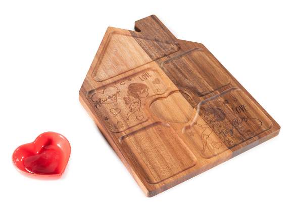 Bandeja madera 5 compartimentos taza de cerámica corazón