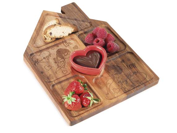 Bandeja madera 5 compartimentos taza de cerámica corazón