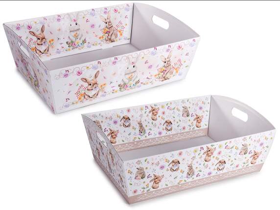 Bandeja-cesta de papel con asas y estampado de conejito