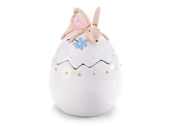 Barattolo a uovo in ceramica con coniglietto e fiore
